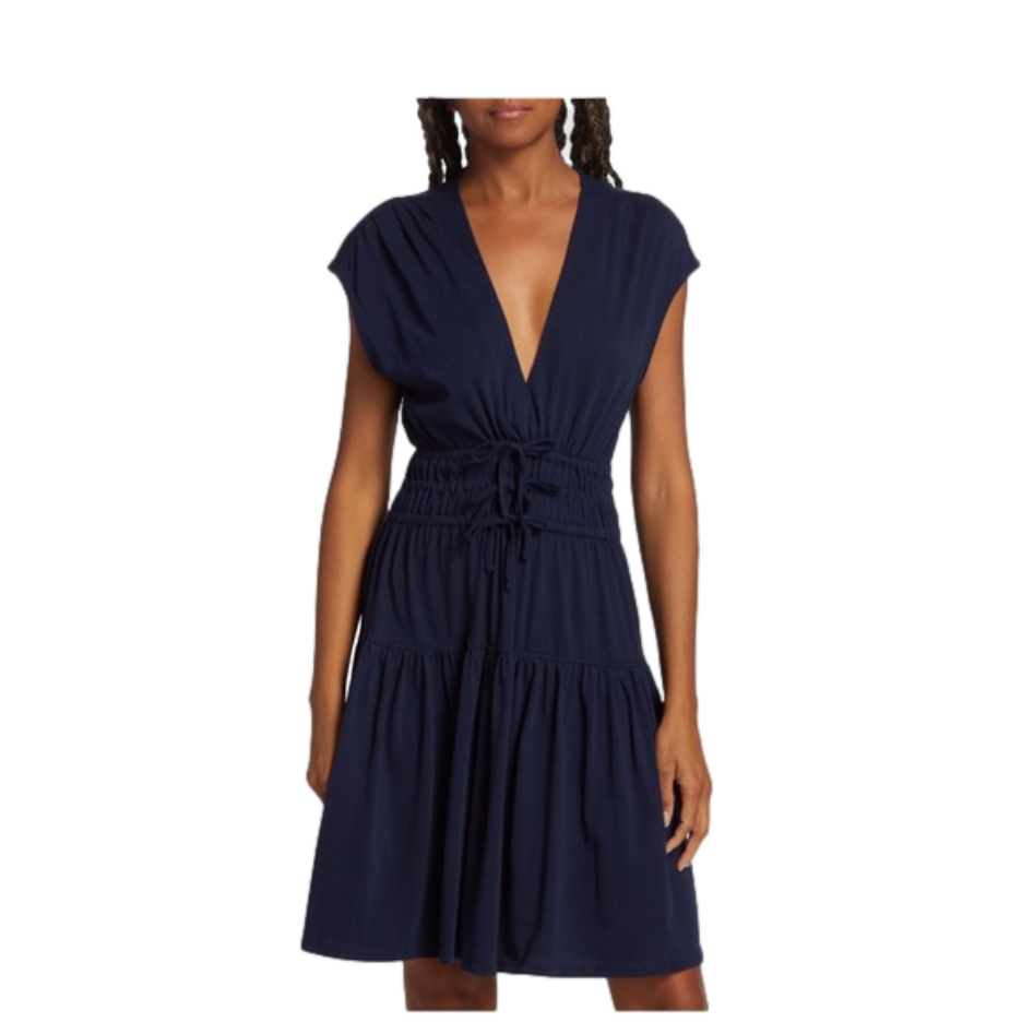 10 Crosby Derek Lam Navy Tiered V-Neck Smocked Waist Dress